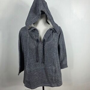 Gap Hoodie Pullover Women Size M Blue Marled Knit 3/4 Sleeve Kangaroo Pocket
